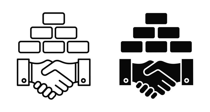 Handshake icon with brick wall symbol representing construction partnership building foundation teamwork business agreement real estate deal collaboration and professional cooperation