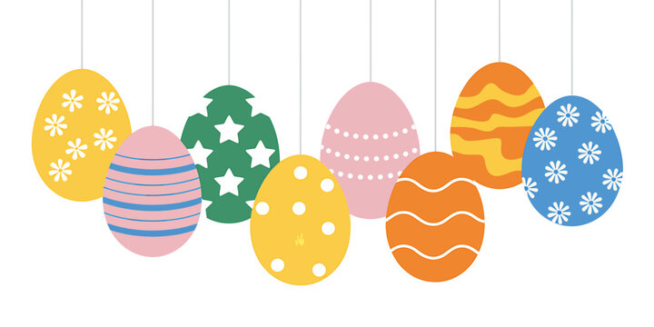 Colorful Easter eggs hanging from strings on white background