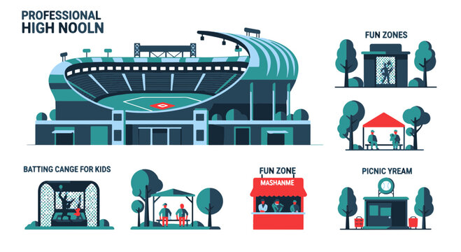 Large Outdoor Sports Stadium and Recreational Park with Batting Cages Picnic Zones and Fun Amenities
