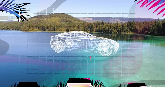 On start overlay appearing, white wireframe 3D car floating above blue lake rotating to show design