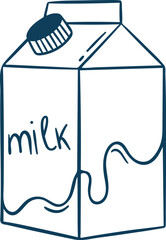 Mediterranean blue line doodle of a classic gable-top milk carton. Minimalist dairy icon for farm logos, kitchen illustrations or organic food marketing