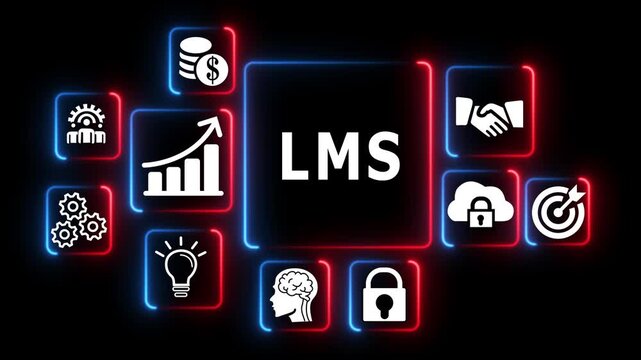 L m s learning management system concept with business growth and education in neon lights