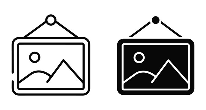 Picture frame icon set with landscape mountain scene hanging on wall for gallery exhibition photography art display interior decoration vector