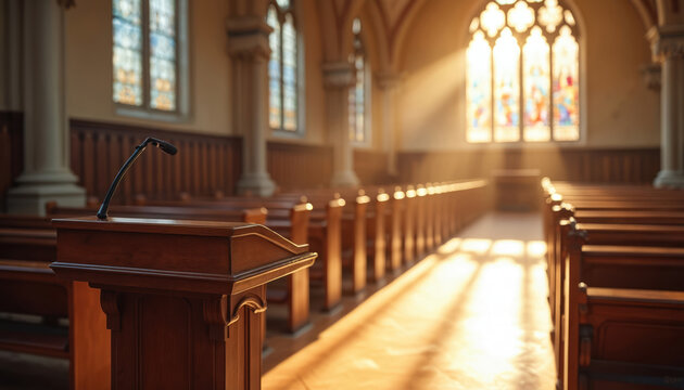 Sunlight streams through stained glass windows onto empty wooden pews and a pulpit in a historic church. The ornate sanctuary feels peaceful and ready for worship or a sermon.