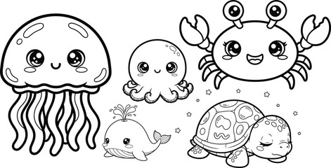 Underwater friends coloring book page for kids with jellyfish crab turtle and fish © marjana