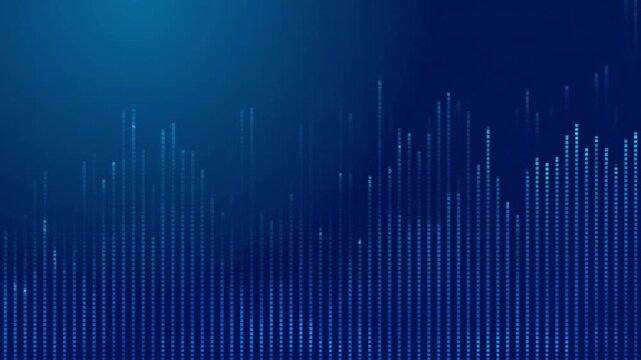 Abstract blue digital stock market bar graph showing growth financial data visualization for business economy and investment concepts.