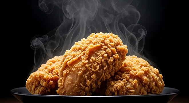 Three pieces of hot, crispy fried chicken with steam rising, presented on a dark plate against a black background, emphasizing their delicious appearance.