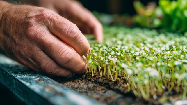 A gardener transplanting microgreens seedlings in indoor vertical farm tray. Concept of urban farming technology. 
