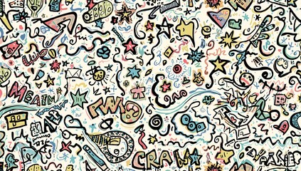 Obraz premium Covering full-bleed doodle collage filling paper surface, featuring hand-lettered fragments, stars