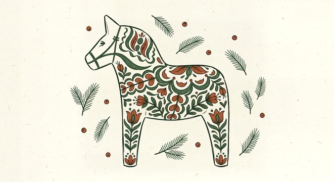 Hand-painted Scandinavian Dalahast with intricate Kurbits floral vines and a woodblock print effect 16:9.