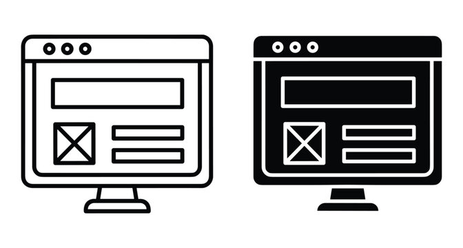 Computer monitor screen showing website layout wireframe interface icons in outline and solid glyph styles for web design and development