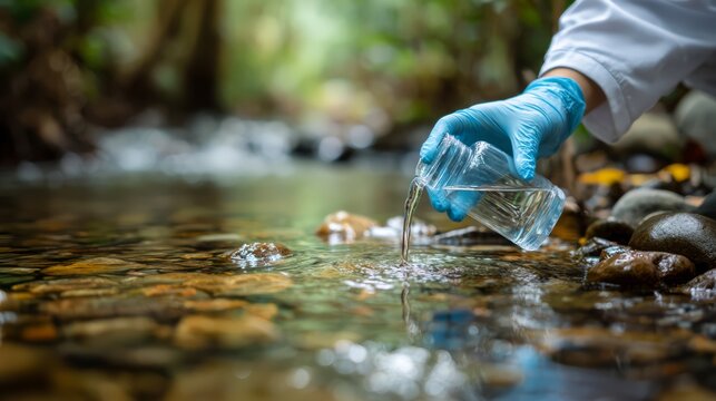 An environmental scientist collecting water sample from river using sterile bottle. Concept of ecology monitoring research and limnology.