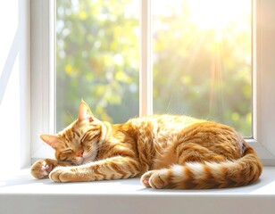 Ginger cat napping serenely on a sunlit windowsill, trees blurred outside