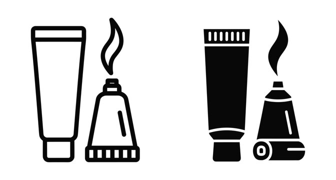 Cosmetic tube icon set showing cream ointment and toothpaste packaging in outline and solid black glyph style for product design