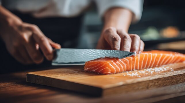 A sushi chef slicing fresh salmon with a Japanese knife on wooden board.