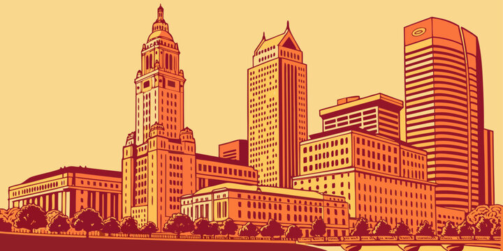 USA, US, U.S, United States - Columbus skyline sunset panorama glowing urban architecture
