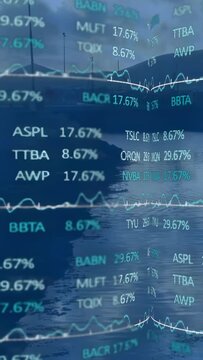 Vertical video: Markets rising on jetty overlay moving charts and ticks receding showing calm water