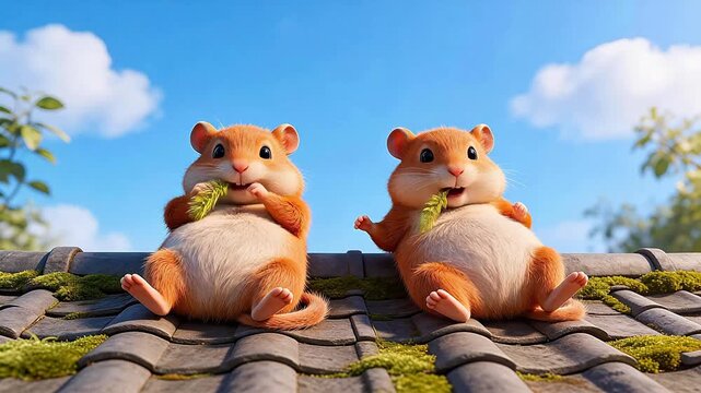 Two cartoon hamsters on a roof