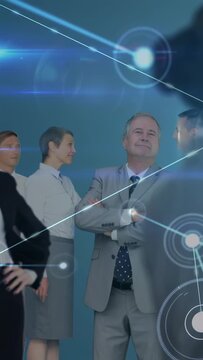 Vertical video: Business team forming, handshake starting nodes linking around group for pitch