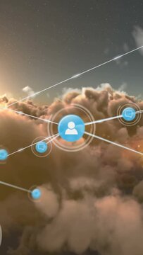 Vertical video: Left glow sparking user hub pulsing linking nodes into web over clouds pulling back