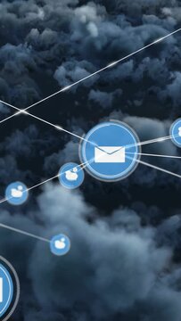 Vertical video: Mail node pulsing, sparking links, growing net over storm clouds, showing tech hub