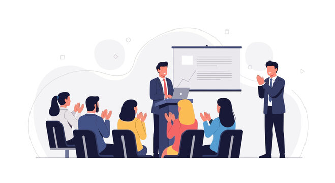 Business presentation success: speaker applauded by audience and colleague at conference