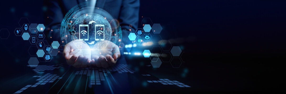 Digital professional holding connected devices. Connection and sharing enable seamless data exchange, collaboration, and communication across digital platforms.