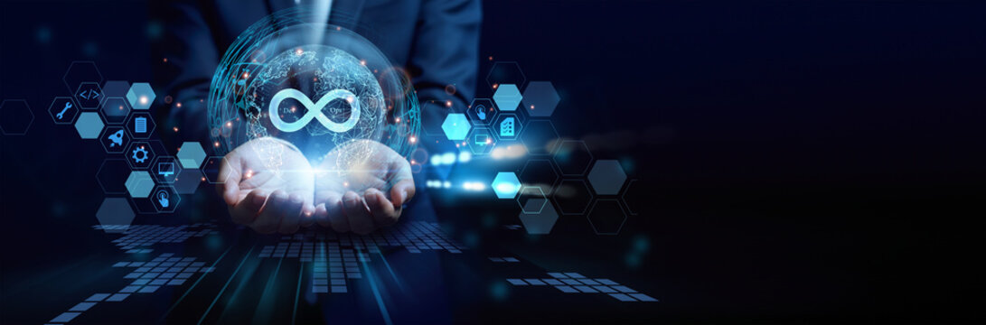 IT engineer holding deployment dashboard. DevOps integrates development and operations to automate workflows and deliver software faster and reliably.