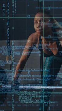 Vertical video: Gym athlete gripping barbell, driving legs, pressing overhead for strength, HUD