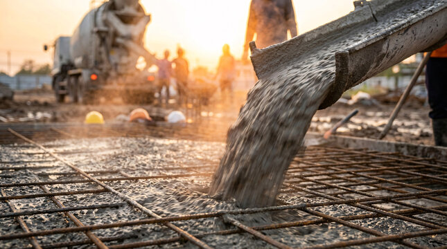 A construction worker pouring concrete on a building site at sunset with a cement mixer in the background