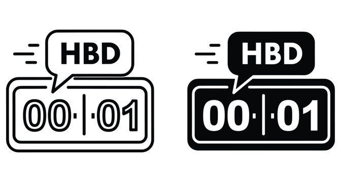 Digital clock timer icon set showing midnight with happy birthday hbd notification speech bubble for celebration and anniversary reminders