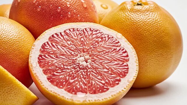 Fresh whole and halved grapefruits with water drops on white background
