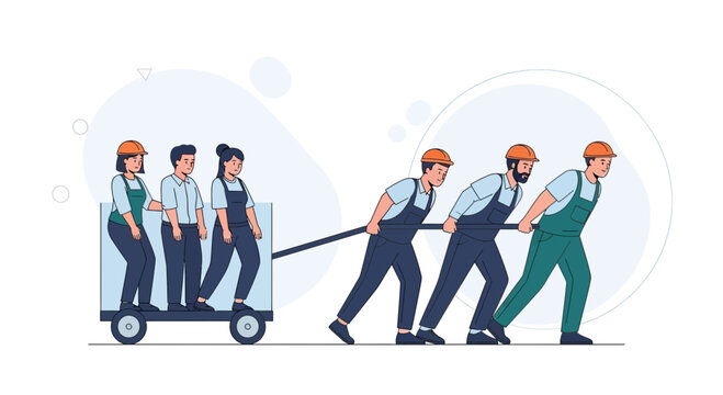Teamwork concept: workers pull a cart with colleagues, collaboration and effort