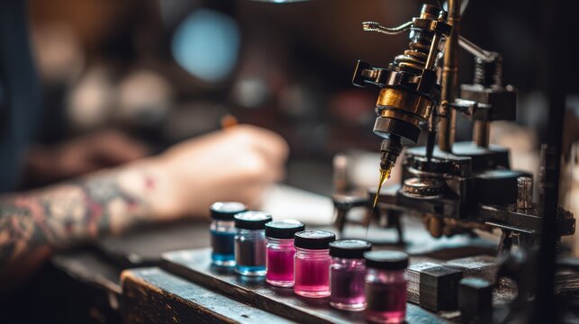 A tattoo artist preparing tattoo machine and ink caps on workstation.