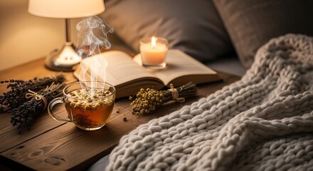 Fototapeta premium Cozy evening with herbal tea and soft lighting on a comfortable bed