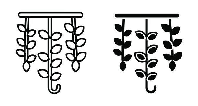 Hanging dried herbs and plants on a rack icon set featuring outline and solid black styles for hanging dried herbs and plants