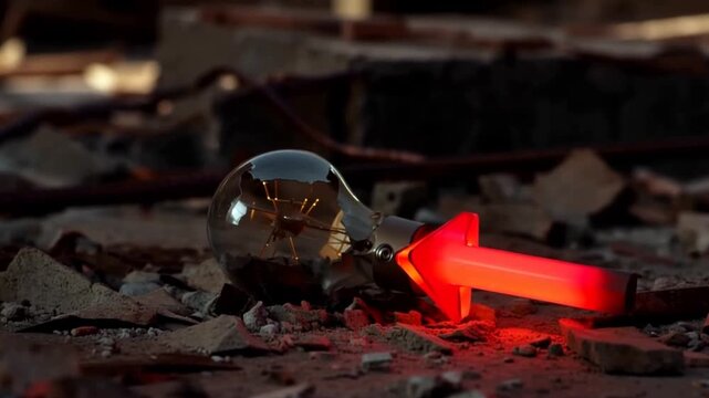 A glowing glass bulb lies shattered on rubble with a bright red arrow