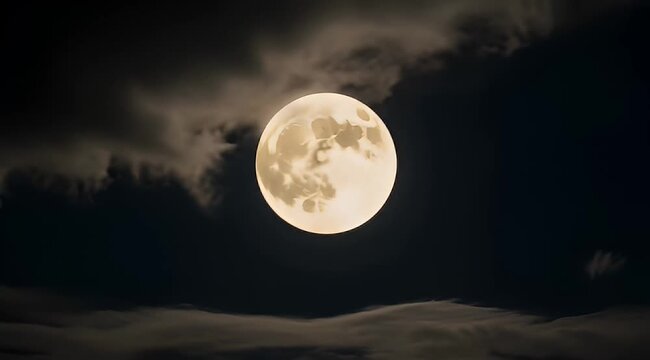 Magnificent full moon surrounded by a dark sky and wispy clouds