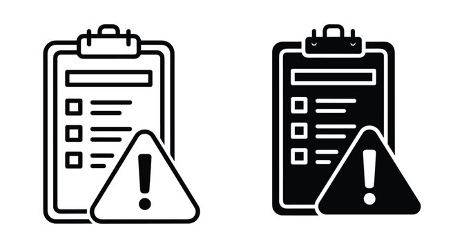 Clipboard checklist icon with warning triangle exclamation mark symbol for risk assessment report audit compliance safety inspection and error notification