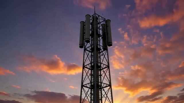 Cell tower at sunset with vibrant sky