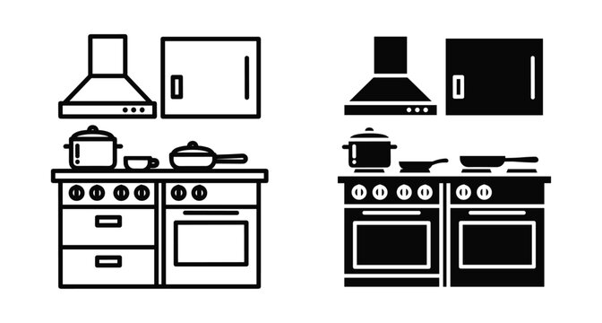 Kitchen appliance icon set featuring stove oven range hood cabinet pot pan and cookware in outline and solid black styles