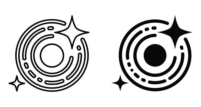 Minimalist circular sparkle icons with concentric rings and star elements representing shine focus lens aperture magic cosmic energy and clean design