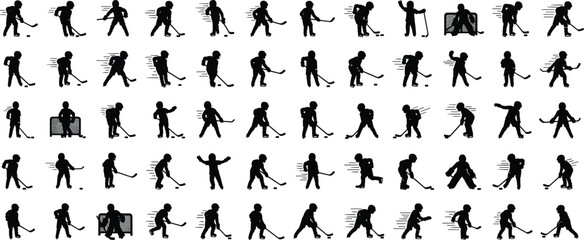 Kids ice hockey player silhouette collection showing skating, shooting, passing and goalie actions, winter sport activity icon set for youth training, competition and team gameplay © Jahanara