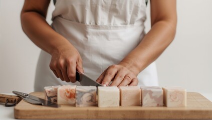 Obraz premium Cutting maker wearing white apron, using chef knife and slicing marbled soaps on wood board
