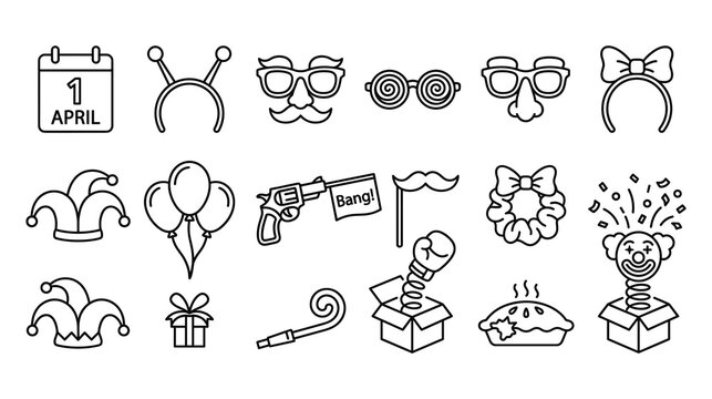 April fools day icons set in thin line style for holiday celebration