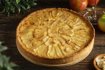 French Normandy apple cake, freshly baked on the table