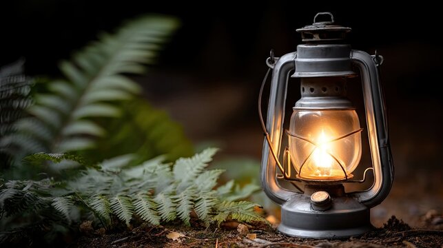 Old-fashioned lantern glows in the dark on green palm leaves, lighting up the surrounding plants in a natural setting for outdoor adventure or home use