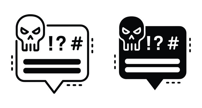 Cyberbullying hate speech icon set with skull and offensive symbols in speech bubble for toxic online comments and harassment reporting