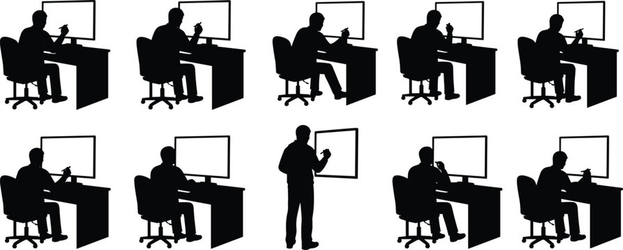 Office worker at desk using computer silhouettes set showing professional workplace activity isolated on white background business concept