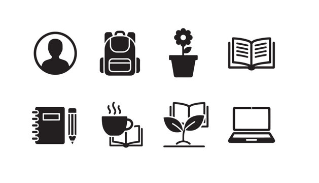 Education and learning icons: silhouette collection with backpack, books, plant, and laptop, black and white